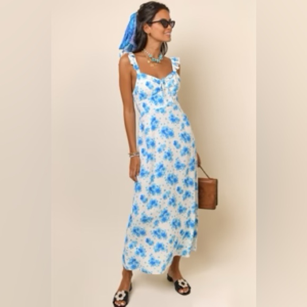 Rixo London Cecile Ruffled Midi Dress in Blue Victoria Floral Print Size Medium